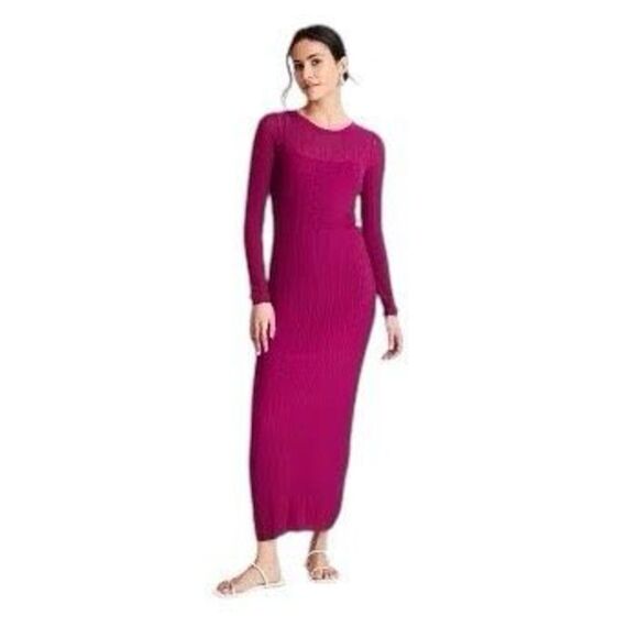 NEW Future Collective Jenny K. Lopez Magenta Long Sleeve Sheer Midi Dress XXS - Picture 1 of 10
